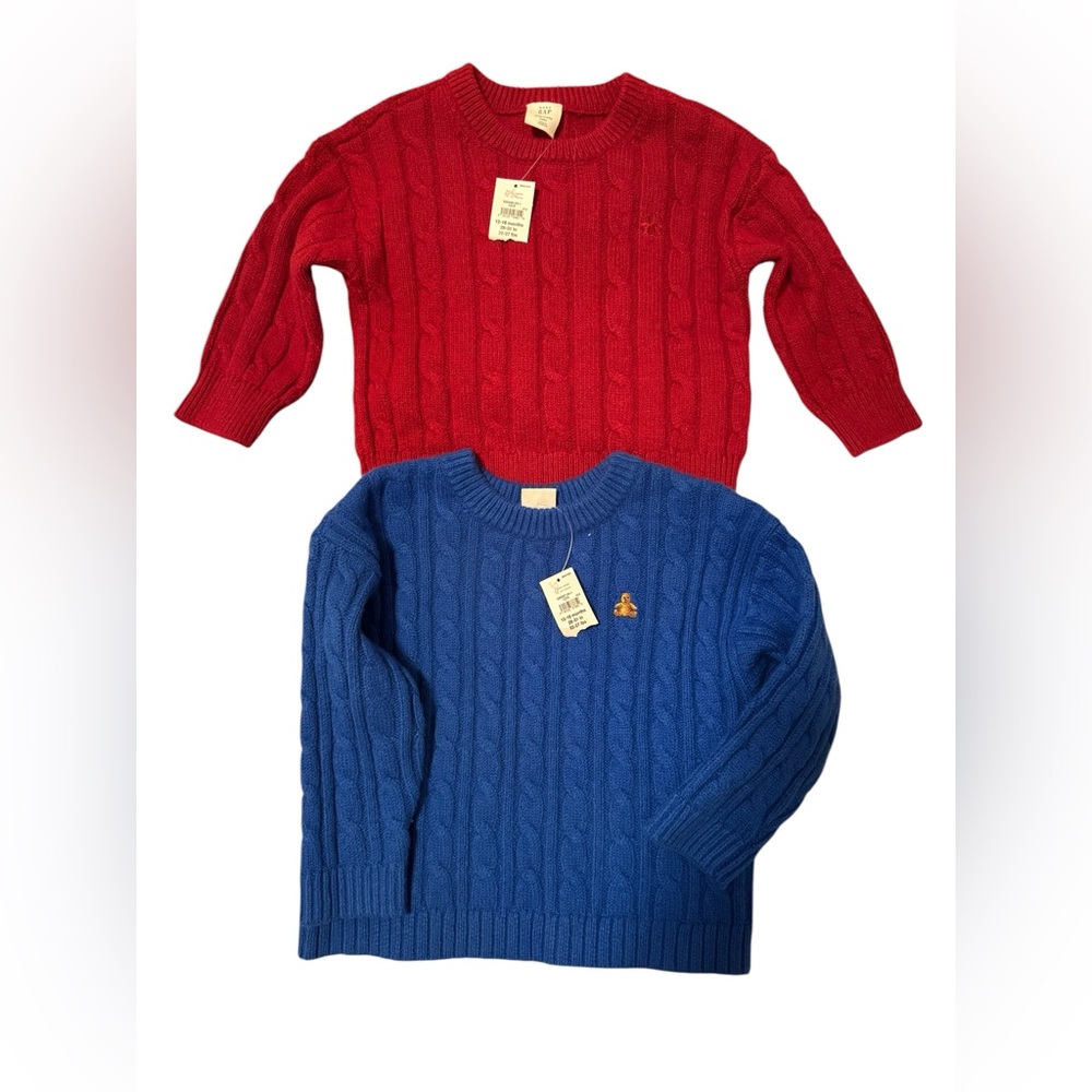 NWT- Baby GAP Red and Blue Classic Cable Knit Sweaters for babies. Size 12-18 M